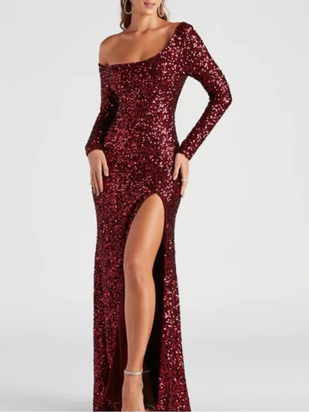 Windsor Burgundy Sequin One-Shoulder Gown with Slit